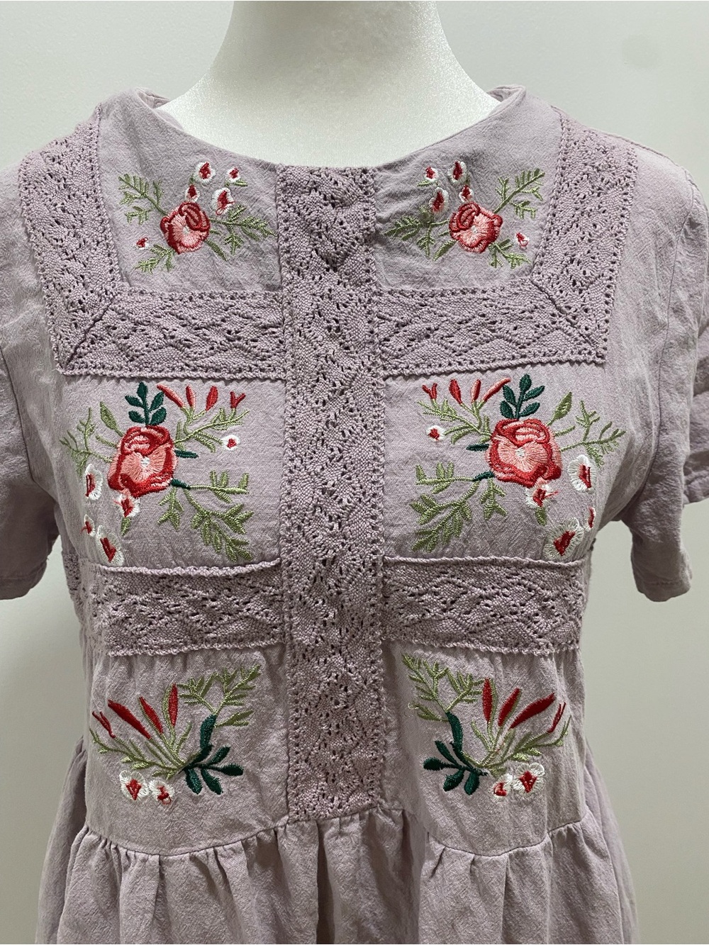 Embroidered Lilac Floral Peasant Top - Pink & Green Accents